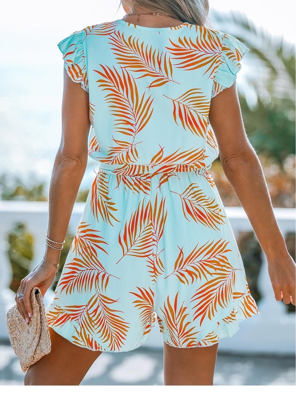New With Tags! Light Blue Tropical Print Tie-Waist Romper - Picture 3 of 9
